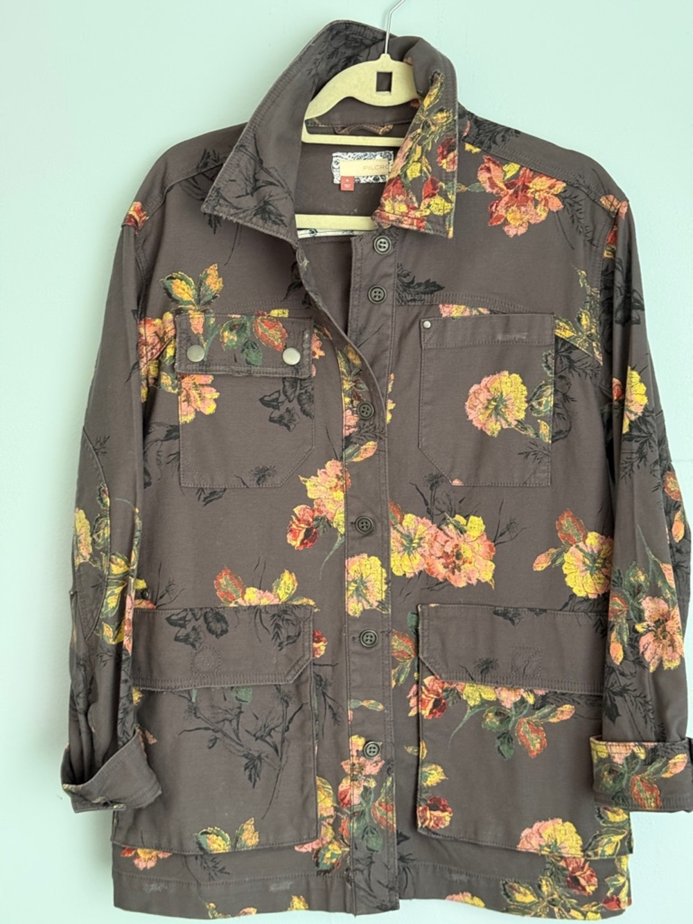 Pilcro Brown Floral Button-Front Utility Shirt Jacket